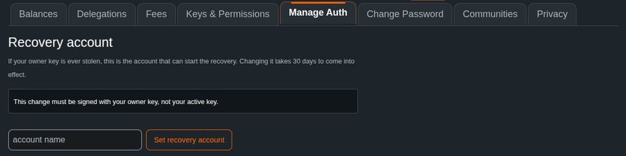 The Recovery account section in Manage Auth