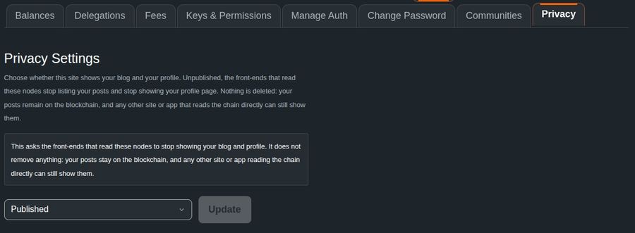 The Privacy tab in the wallet